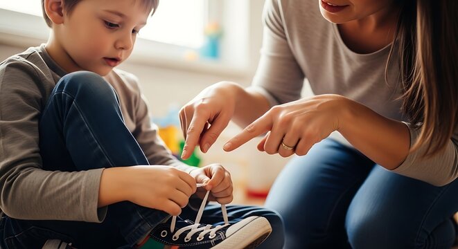 Mother helping her little son to tie shoelaces on sneakers at home