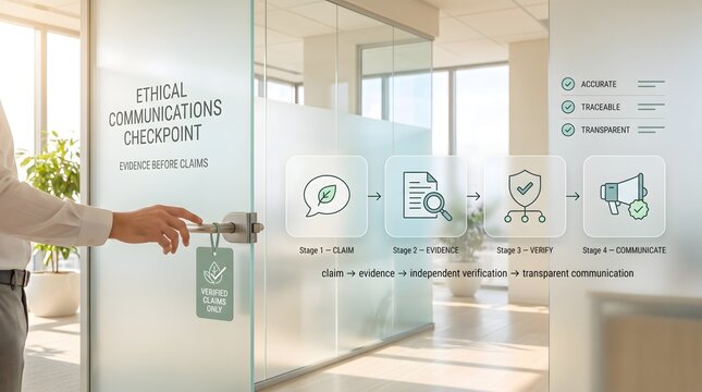 Verified corporate claims checkpoint illustrating transparent evidence based marketing and ethical esg communication