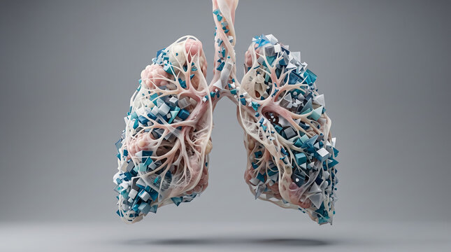 Abstract representation of human lungs with organic tissue and geometric microplastic fragments highlighting pollution impact