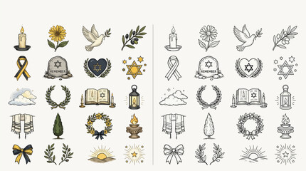 Obraz premium Collection of Symbols of Remembrance, Mourning, and Peace, Including Candles, Ribbons, Doves, and Laurel Wreaths.