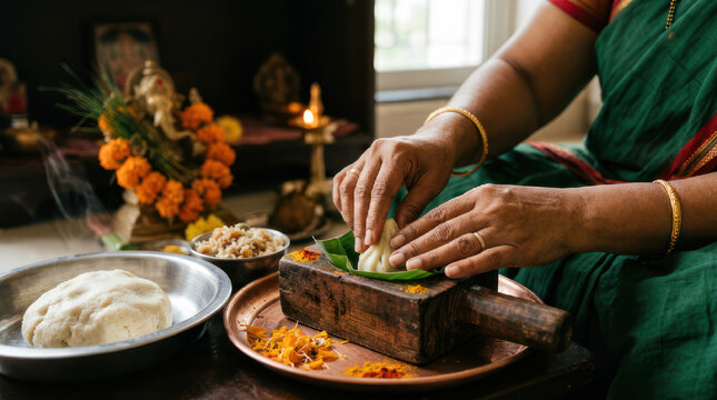 Woman preparing food for religious offering with deity statue.
