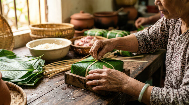 Woman preparing traditional food wrapped in banana leaves.