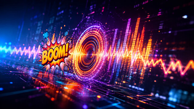 AI generated vibrant soundwave energy glowing equalizer rings electric motion comic explosion effects futuristic audio visualization for digital entertainment technology