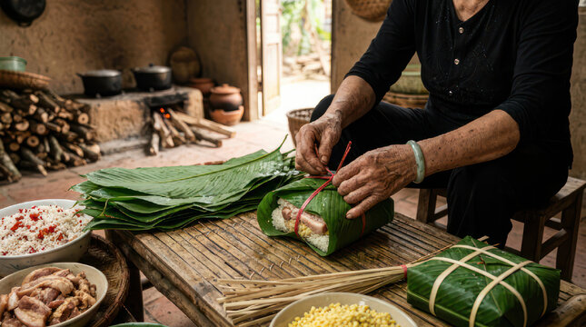 Woman preparing traditional Vietnamese food wrapped in banana leaves.