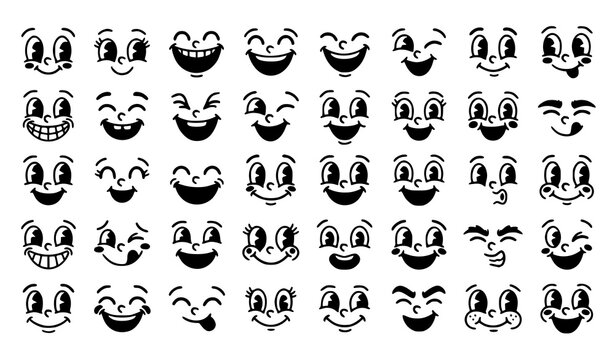 Classic retro mascot expression set with funny cartoon eyes smiling mouths and vintage comic face elements vector