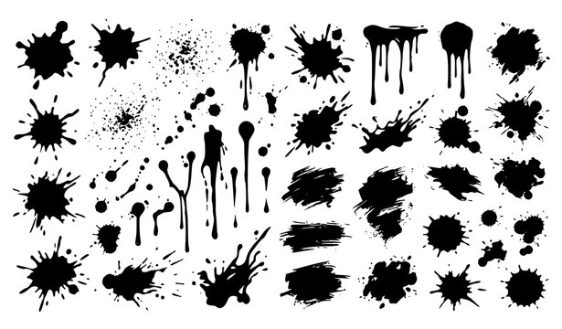 Monochrome ink splatter collection with paint drips grunge blotches and abstract splash vector illustrations