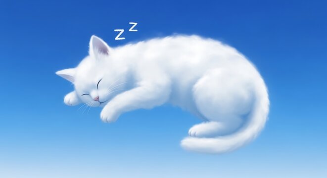 Cute Fluffy White Cat Sleeping as a Soft Cloud in a Clear Blue Sky, Dreaming Peacefully