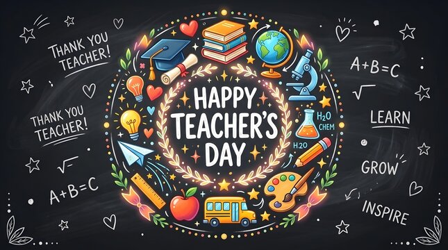 Happy teachers day educational illustration with school supplies appreciation message