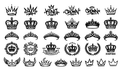 Royal crown icon pack with sketch king queen tiara and elegant imperial symbols editable vector collection © Mst Jui
