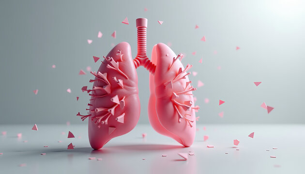 Stylized abstract silhouette of a human lung featuring organic tissue combined with geometric microplastic elements