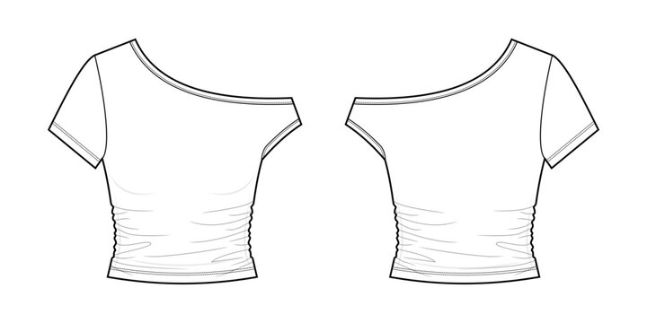 One Shoulder Ruched Knit Tee Technical Fashion Illustration. Asymmetrical Side Gathered T-Shirt Vector Template. Front and Back View. Women&rsquo;s Apparel. CAD Mockup Set.