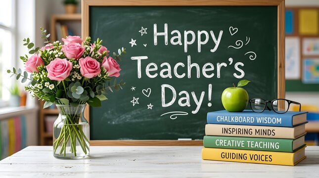 Happy teachers day appreciation for educators with flowers books and classroom decor