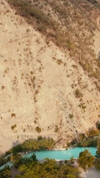 Aerial view of Grutas Tolantongo thermal water river canyon in Hidalgo, Mexico