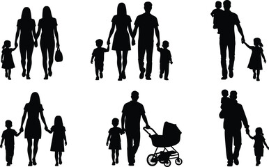 Family silhouettes collection parents and children walking together diverse compositions