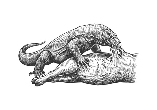 Vintage Komodo Dragon Vector Illustration Hand Drawn Monitor Lizard Reptile Black And White Engraving Line Art Sketch For Tropical Wildlife Nature Graphic Design