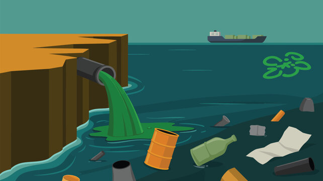 Industrial waste polluting ocean water with green toxic liquid flowing from a pipe