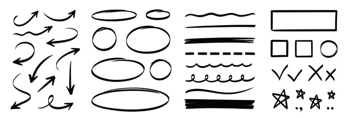 Naklejka na ściany i meble Line arrow hand marker set. Hand drawn line arrow marker pen brush sketch check highlight stroke. Circle underline tick star sign, doodle rough check, cross mark. Vector illustration