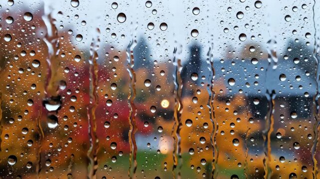 Raindrops on window with blurred autumn trees in background