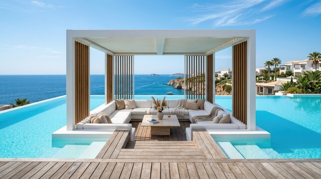 Luxury poolside lounge area overlooking ocean at infinity pool.