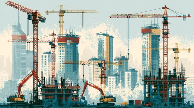 Construction site with multiple cranes and buildings under development against a blue sky