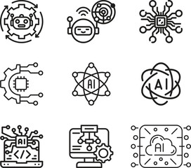 Fototapeta premium Artificial intelligence AI technology icon set collection group featuring neural, digital, robotic, data, automation, network, computing, innovation, futuristic, cyber interface symbols.