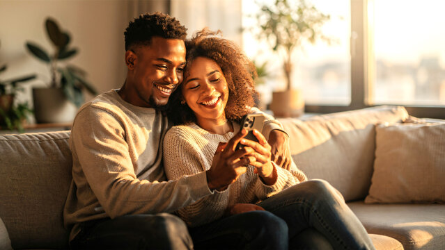 Happy interracial couple standing or sitting closely together, embracing while looking at a smartphone and smiling at shared content. Focus on emotional connection, intimacy, and digital interaction.