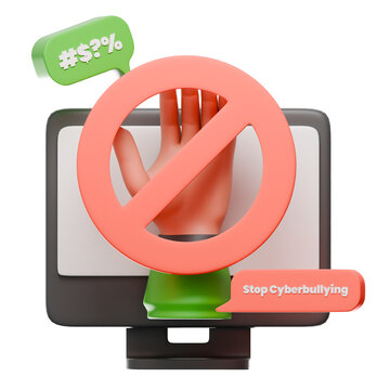 3D Illustration of Stop Cyberbullying Icon with Computer and Prohibition Sign