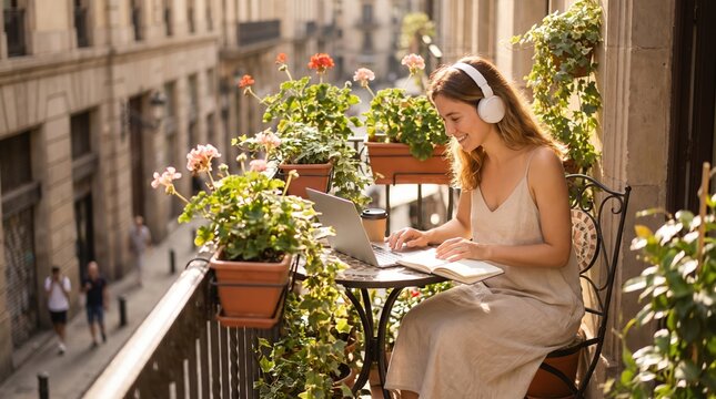 Young woman working on laptop and wearing headphones on sunlit balcony with flowers in European city for remote work and education lifestyle.