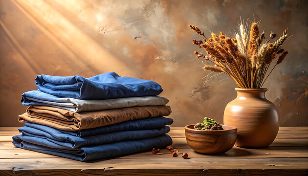 Stack of folded colorful denim clothes.