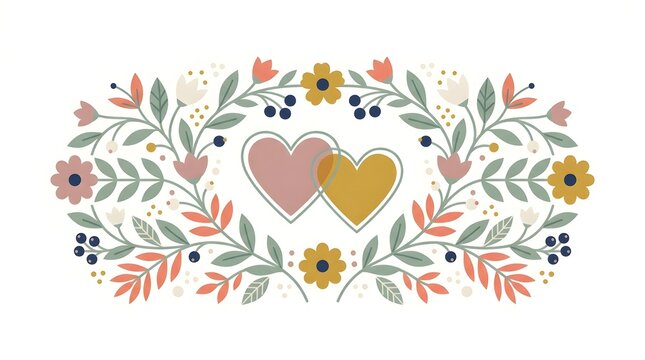 Two interlocking hearts nestled within a beautiful decorative garland made of delicate soft colored flowers and lush green leaves creating a symmetrical botanical frame design