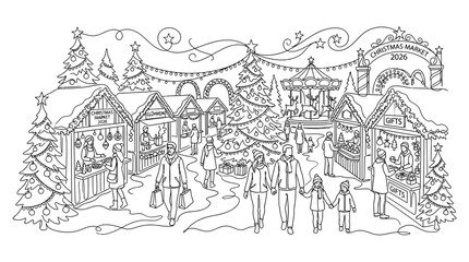 Fototapeta premium Hand Drawn Christmas Market Scene with Festive Stalls Carousel and People Line Art