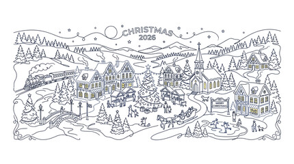 Fototapeta premium Hand Drawn Festive Winter Village Scene with Train Sleigh and Christmas Tree for 2026