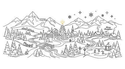 Fototapeta premium Hand drawn minimalist winter village panorama with snowy mountains and Christmas tree