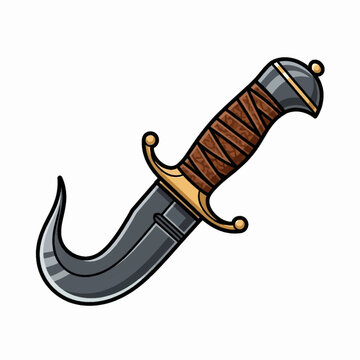 Ornate curved dagger vector illustration, fantasy karambit knife with wrapped leather hilt isolated on white background