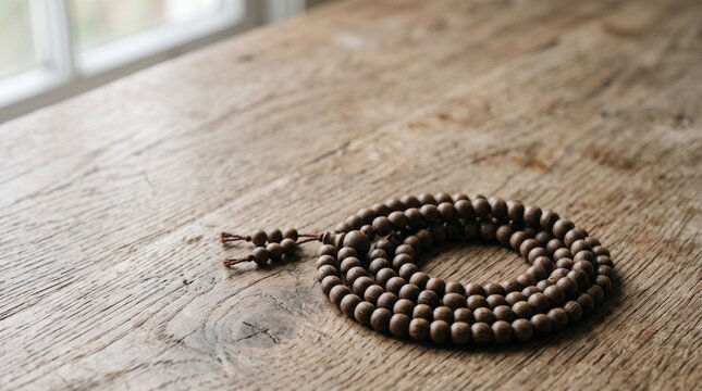 Islamic prayer beads on a wooden table for Eid Mubarak celebration