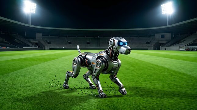 Futuristic robotic dog running on a stadium field at night for sport
