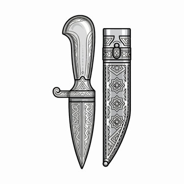 Ornate silver kindjal dagger vector illustration, traditional caucasian khanjar knife with engraved scabbard isolated on white background