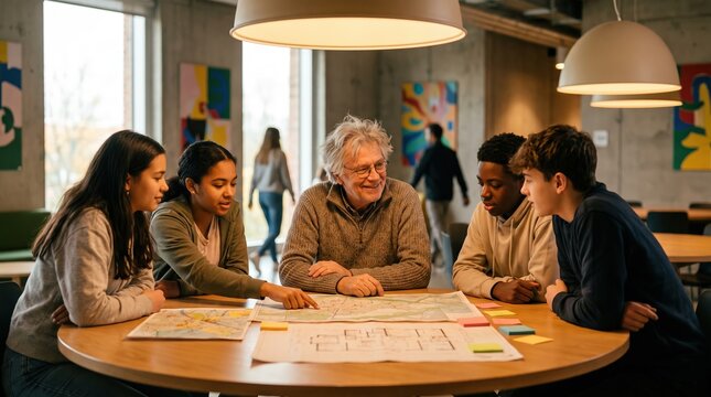Senior male teacher and diverse teenagers analyzing urban planning maps and building floor plans in modern design studio for collaborative learning