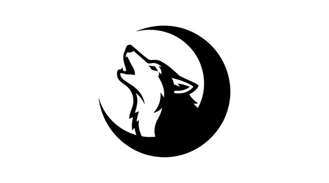 Stylized wolf head howling at crescent moon graphic illustration for outdoor logo design.