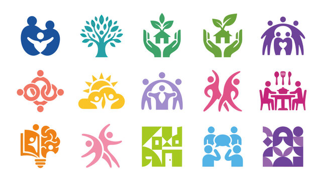 Set of 15 diverse vector logos for family, community, healthcare, and growth themes
