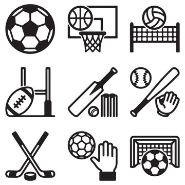 Set of Minimal Sports Icons and Ball Equipment Line Art for Soccer Basketball Baseball Hockey Volleyball