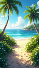 Fototapeta premium Tropical Beach Palm Trees Turquoise Ocean Paradise Island Scenery T-Shirt Graphic Design POD Print on Demand Clipart