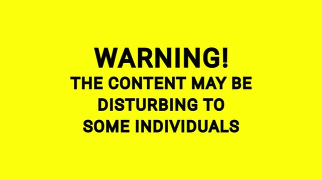 Warning message wiggle animation on yellow background. Disturbing content alert screen for video intros, broadcasts, streaming, and motion graphics