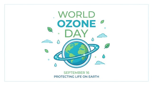 World ozone day banner on september sixteenth showing earth globe with ring and leaves illustration.