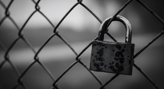 Rusty Padlock on Chain Link Fence in Black and White for Security and Restriction Themes