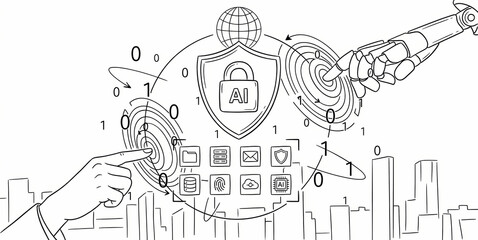 Fototapeta premium cybersecurity concept with human and robot hand touching digital shield, secure artificial intelligence data protection with cybersecurity icons and city background, cybersecurity technology