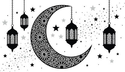 Ramadan crescent moon illustration with ornate lanterns, stars, and decorative Islamic motifs for festive cultural and religious design themes © Anonto