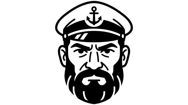 Stern captain character head portrait with beard and hat nautical themed vector design.