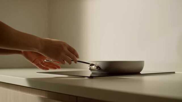 A person cooks food in a pan on the kitchen countertop indoors.
