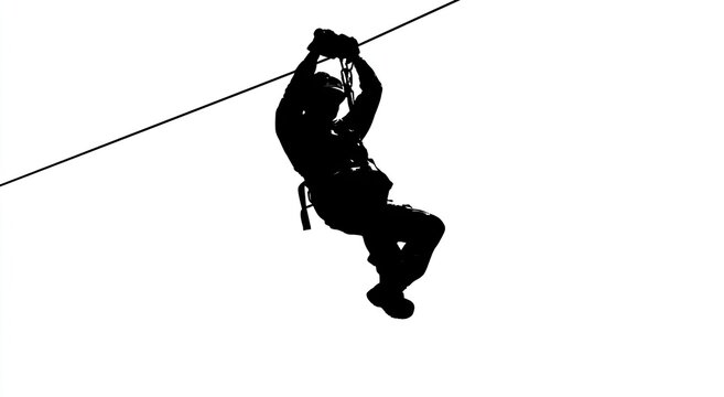 Silhouette of a person zip-lining against a bright, white background